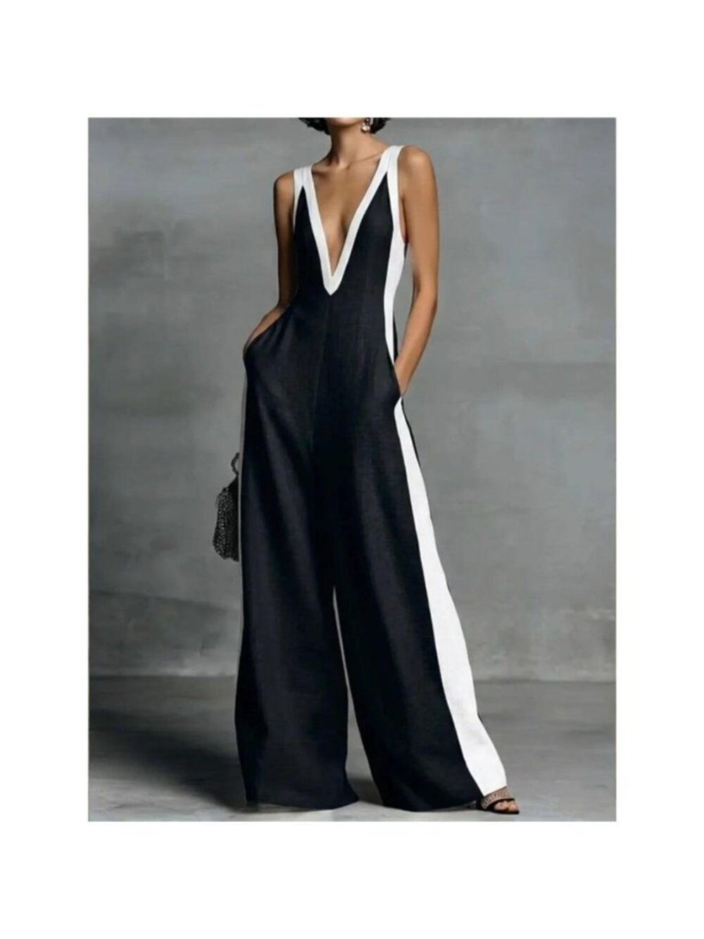Contrast Trim V-Neck Jumpsuit - Picture 3 of 9